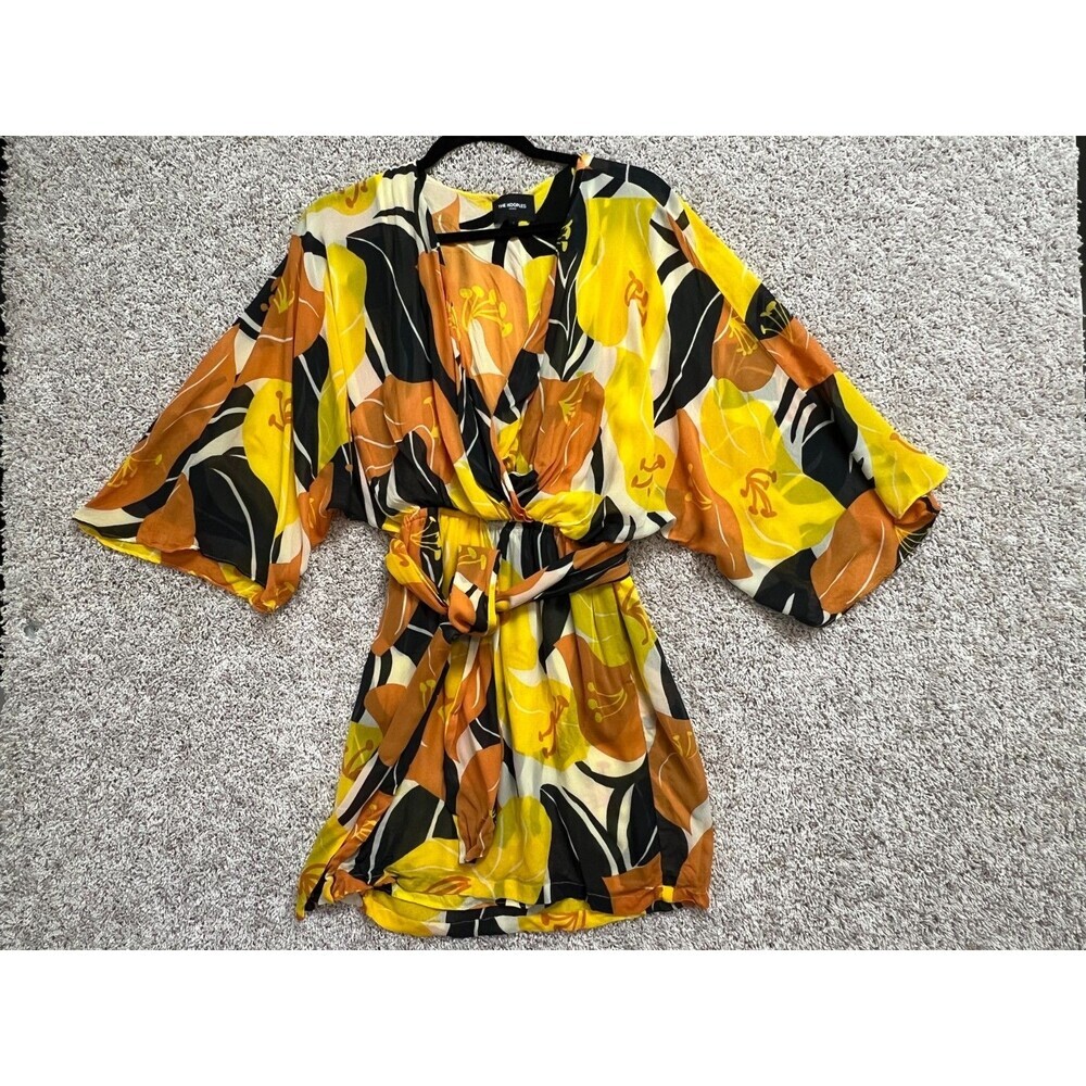 $365 THE KOOPLES Hibiscus Belted Kimono Dress 1 S US4 Yellow Floral Belted